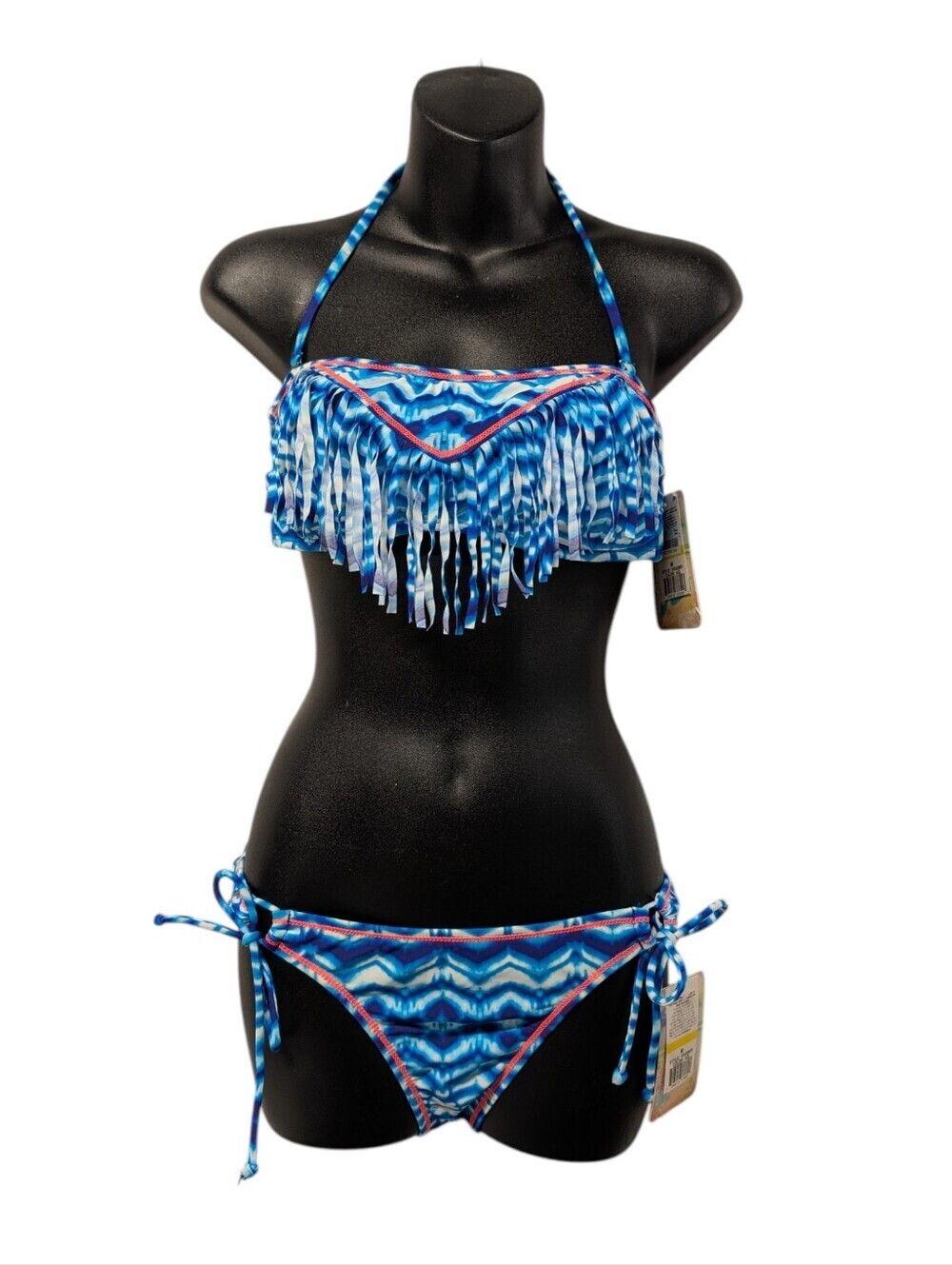 Hobie Blue Fringe Halter Bikini Swimsuit Size M NWT Tropical Wave Print Tie Side